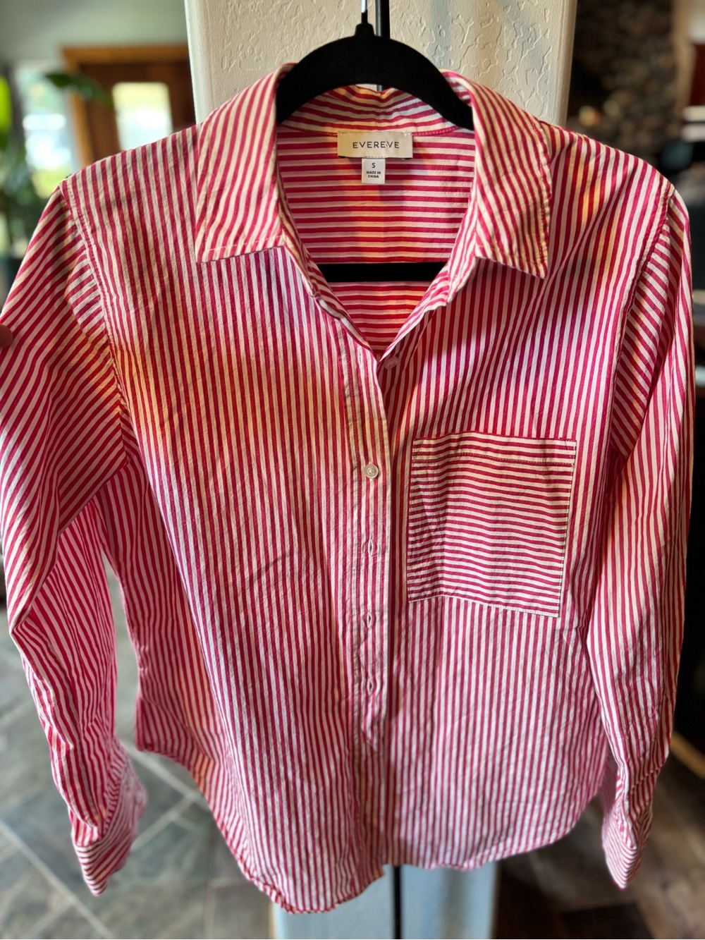 Evereve Red White Stripe Cotton Button Down Shirt Chest Pocket Womens S